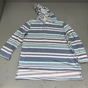 Wallflower Striped Hooded Tunic Teal Purple White Contemporary Cottage Shirt Top